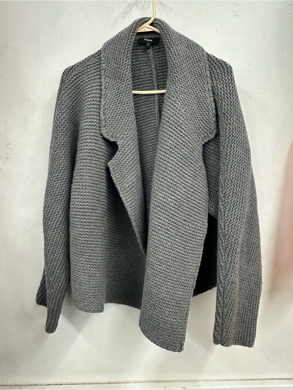 Theory chunky knit open front cardigan with lapel collar wool cashemere size L